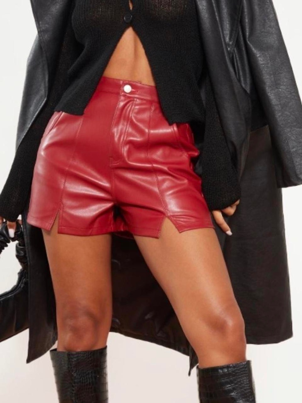 PrettyLittleThing High-Waist Red Faux Leather Notch-Hem Shorts